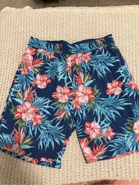 Men's Navy Floral Swim Trunks - Blue & Coral Tropical Print